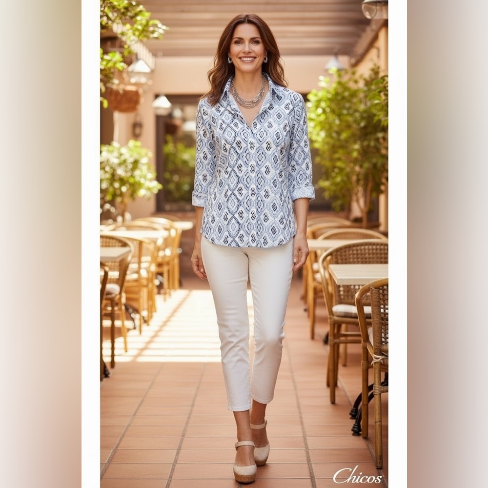 Chico's No Iron Cotton Stretch Button Front Shirt Blue Geometric Print - Picture 2 of 6